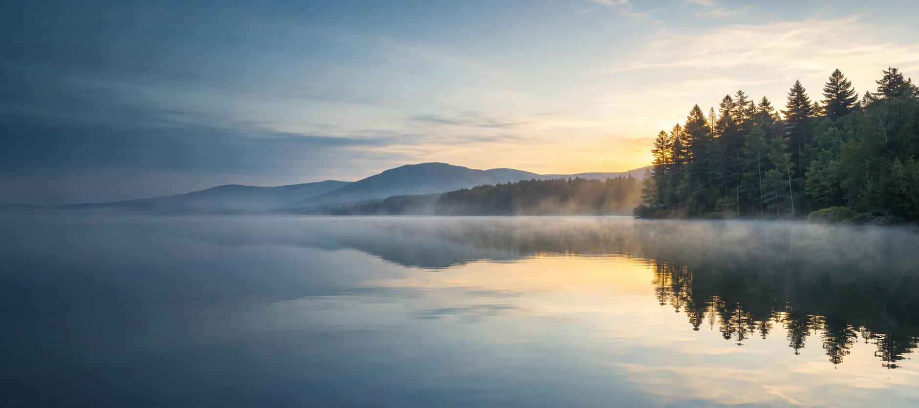 A serene mist-covered lake at sunrise beneath wooded hills